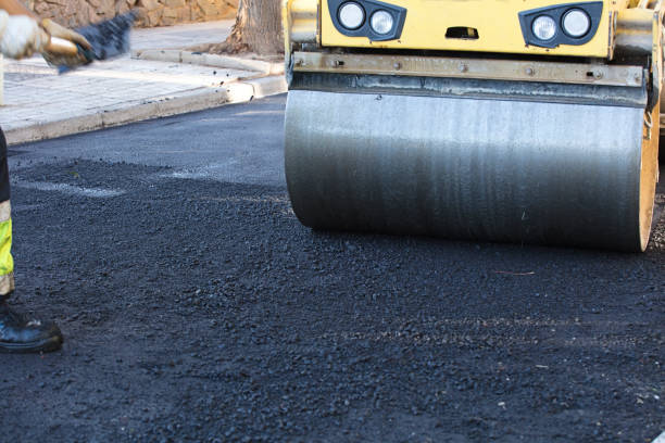 istock Road roller and asphalt paving machine at construction site 1443578762