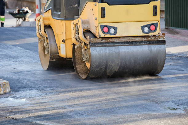 istock Road roller and asphalt paving machine at construction site 1443578900