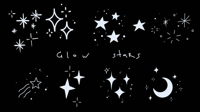Hand drawn shining stars. Set of animated cartoon white sparkles in doodle style on transparent background.