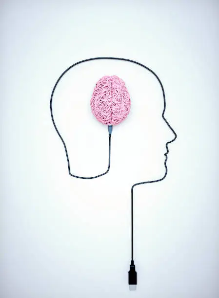 Photo of Human brain with unplugged usb cable. Mental health and meditation concept.