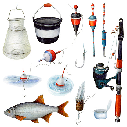 A set of fishing items for catching fish with a line and hook. Bright multi-colored floats and attributes of a fisherman