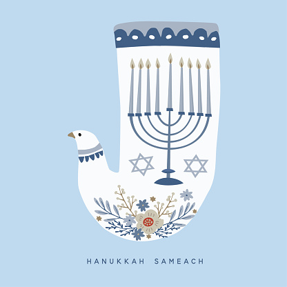 Happy Hanukkah greeting card, invitation with hand drawn candleholder, decorative dove bird, David stars. Flowers and olive tree branches, vector illustration background for Jewish Festival of light.