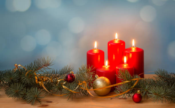 istock Red candles, christmas balls and  fir branches. View with copy space. 1443590346