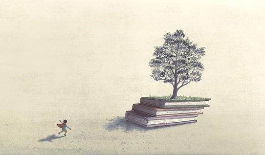 Books of tree and a boy. Concept art of education, learning, child, kid, reading, wisdom, study, school and imagination. creative background, 3d illustration. Surreal artwork. Conceptual drawing.