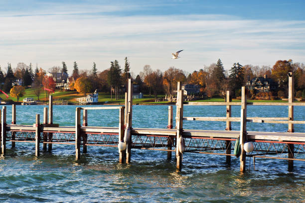 Skaneateles Pier on Skaneateles Lake in the Finger Lakes Region of upstate New York on a cold autumn morning