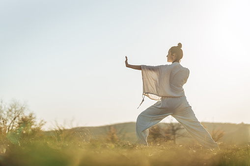 Woman practicing tai chi chuan on a meadow in nature alone. Chinese management skill Qi's energy.