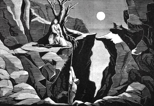 illustrations, cliparts, dessins animés et icônes de femme dans les rochers, homme grimpant jusqu’à elle - antique engraved image moonlight night
