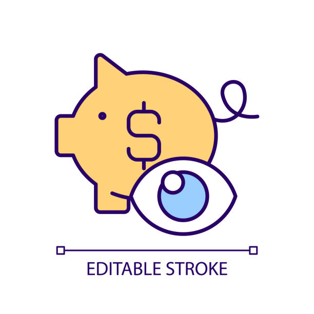 Editable stroke-icons-BSD-script Check piggy bank RGB color icon. Saving money strategy. Research financial system. Budget analysis. Isolated vector illustration. Simple filled line drawing. Editable stroke. Arial font used financial literacy logo stock illustrations