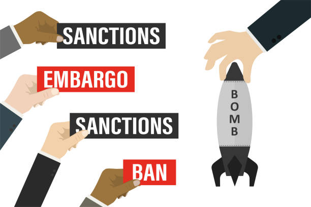 Hand of aggressor or terrorist is holding bomb. Politicians and diplomats hands holds placards with economic sanctions, political ban. Embargo, ban imposed on country and individual citizens. Hand of aggressor or terrorist is holding bomb. Politicians and diplomats hands holds placards with economic sanctions, political ban. Embargo, ban imposed on country and individual citizens. Vector terrorist financing stock illustrations