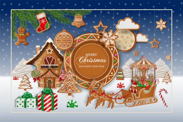 Vector illustration of christmas background with gingerbread cookies and candies. christmas card with gingerbread landscape