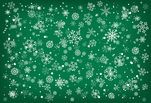White snowflakes on green background for Christmas or winter holiday vector illustration. Falling snowflakes over a green gradient background. Great design for postcards, posters, greeting cards, pillows, signs and more.
