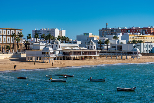 Cadiz, Spain - Nov 16, 2022: La Caleta beach in Cadiz, Andalusia, Spain in Europe