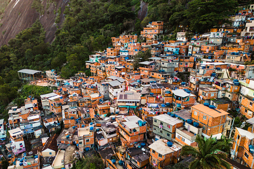 Aerial View of Favela Dona Marta Slum on the Mountain in Rio de Janeiro, Brazil.