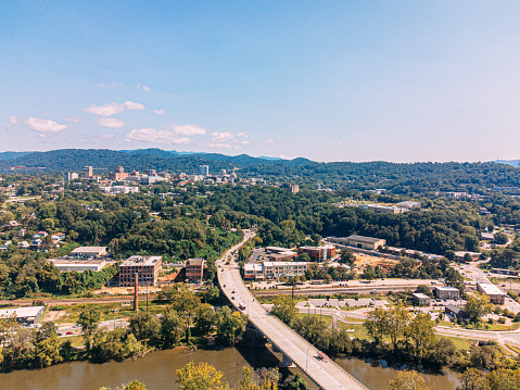 High Angle View Near the Popular River Arts District on the French Broad River in Asheville, Buncombe County, North Carolina