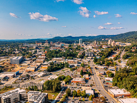 High Angle View of South Downtown Asheville, North Carolina from the South on a Sunny Day