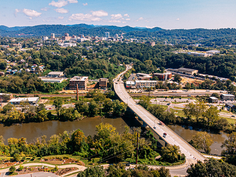 High Angle View Near the Popular River Arts District on the French Broad River in Asheville, Buncombe County, North Carolina