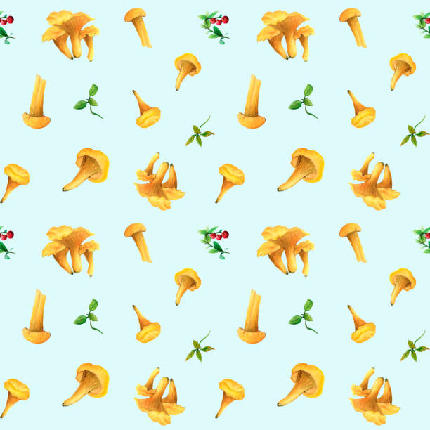 Seamless pattern of edible yellow mushrooms on a blue background with plants Seamless pattern of edible yellow mushrooms on a blue background with plants. Watercolor bright illustration, design for children's clothing, cafes, menus and fabrics, printing of packaging products. sketch restaurant stock illustrations