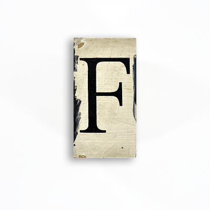Photograph of letters with serifs printed on a painted wooden board. Nice grunge style in flat lay on white background. Check out more letters: