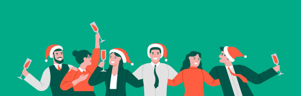 Christmas business party people team hug together Happy business people team hugging together with festive christmas party hats. Diverse men and women office group characters drinking champagne. Modern flat cartoon style on isolated background. office parties stock illustrations