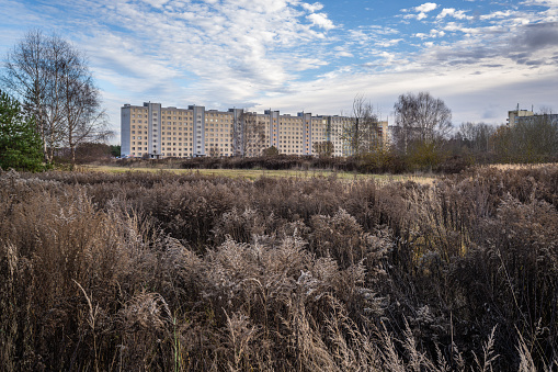 Social housing in Purvciema district, In the foreground is a meadow with withered grass