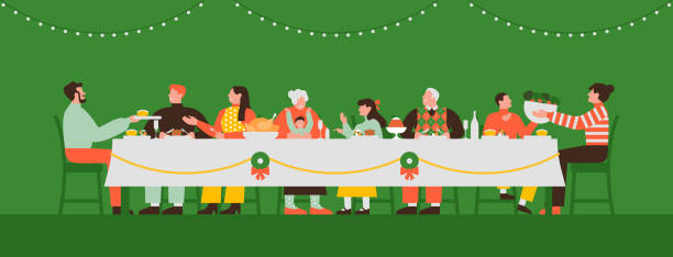 Family eating christmas dinner in table together Big family eating together at dinner table on Christmas holiday celebration. Happy people in xmas party event. Modern flat cartoon illustration includes children, parents and grandparents. christmas family party stock illustrations
