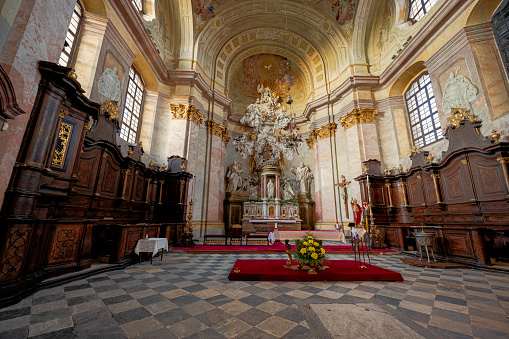 Rajhrad, Czech Republic - May 22, 2022: Benedictine church of St. Peter and Paul interior in Rajhrad, Czech Republic.