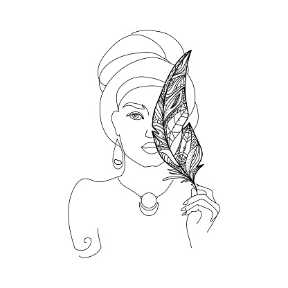 Abstract female face drawn in contour style, art line. Beautiful young woman with a turban on her head holding a feather in her hand isolated on white background. Tribal vector illustration