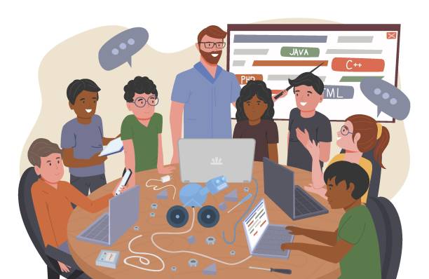 Children coding school. Teamwork during informatics lesson. Children coding school. Online programming together. Young multiracial students with a teacher in computer laboratory. Teamwork during informatics lesson. Editable vector illustration. Graphic design child robot class stock illustrations