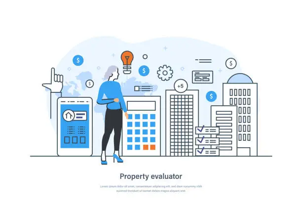 Vector illustration of Property evaluator or real estate appraiser valuating property for sale. Real estate appraisal, property worth, estimate value inspection and assessment service thin line design