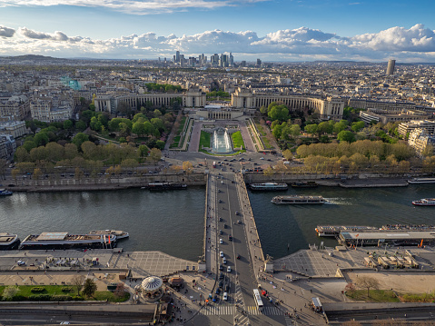 Panoramic view of Paris, France, showing the Trocadero Gardens, the Seine River and the Defense.