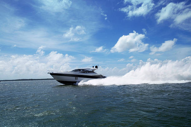 Yacht speeding in Miami stock photo