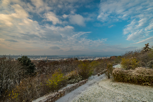 Prague Prosek part of town in early winter sunny morning with fresh snow