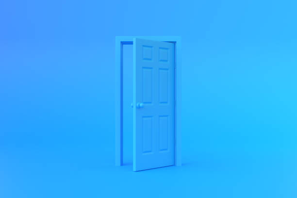 istock Open blue door in a room with a blue background 1443625498