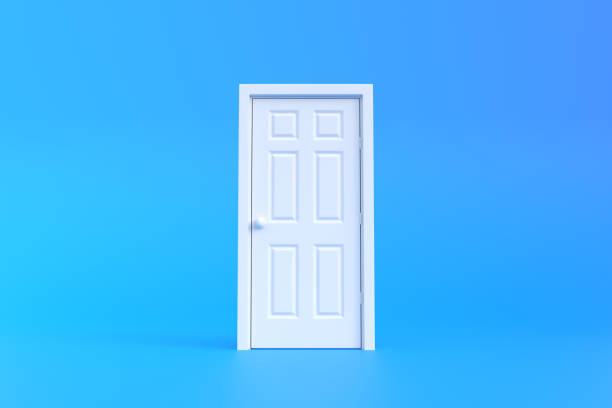 istock Closed white door in blue background room 1443625576