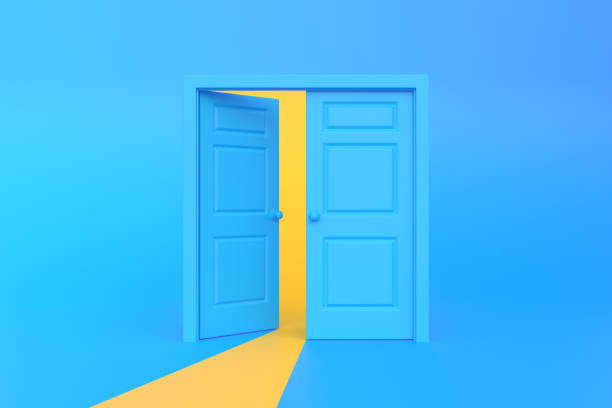 istock Yellow light going through the opening doors in blue background room 1443625578