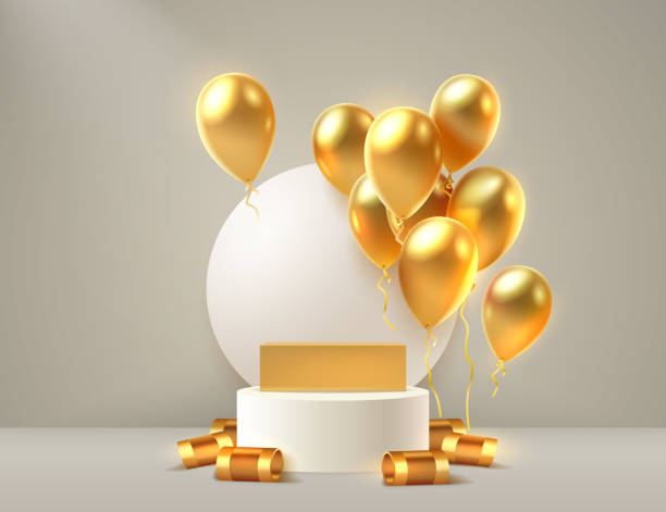 istock balloon golden podium present, celebrate happy birthday, gold platform banner. Vector 1443625702