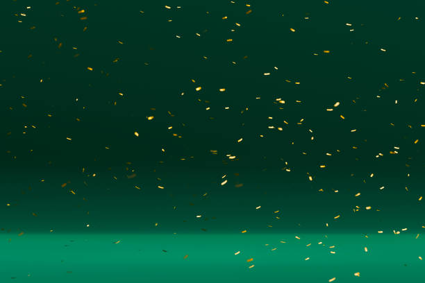 Gold confetti on green christmas background. 3d rendering.