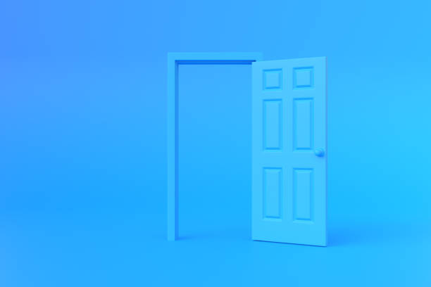 istock Open blue door in a room with a blue background 1443626821