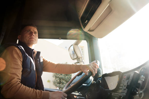 Serious truck driver at the steering wheel looking right while turning his semi-truck stock photo