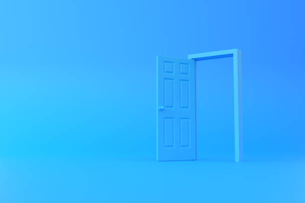 istock Open blue door in a room with a blue background 1443627013