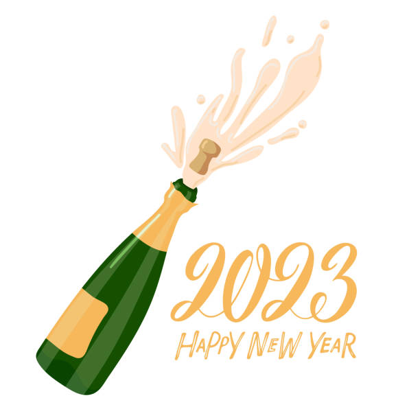 ilustrações, clipart, desenhos animados e ícones de 2023 feliz ano novo. garrafa de champanhe explodindo para celebração, feriado, aniversário. vetor isolado no fundo branco. garrafa de vidro verde estourando sua rolha espirrando. parabéns festivos - cork champagne isolated celebration