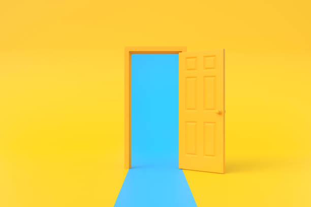 istock Blue light going through the opening door in yellow background room 1443628116