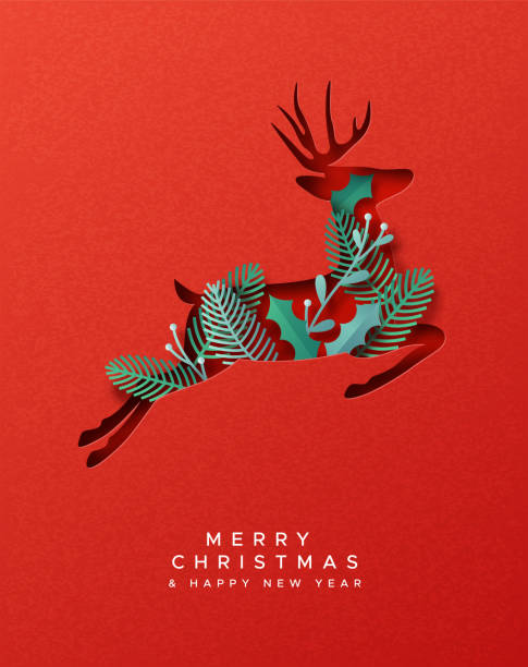 ilustraciones, imágenes clip art, dibujos animados e iconos de stock de tarjeta de hoja de reno cortada en papel de año nuevo de navidad - felicitacion navidad