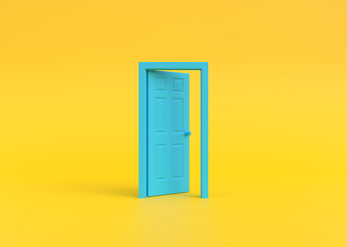 Open blue door in a room with a yellow background. Architectural design element. Minimal creative concept. 3d rendering 3d illustration