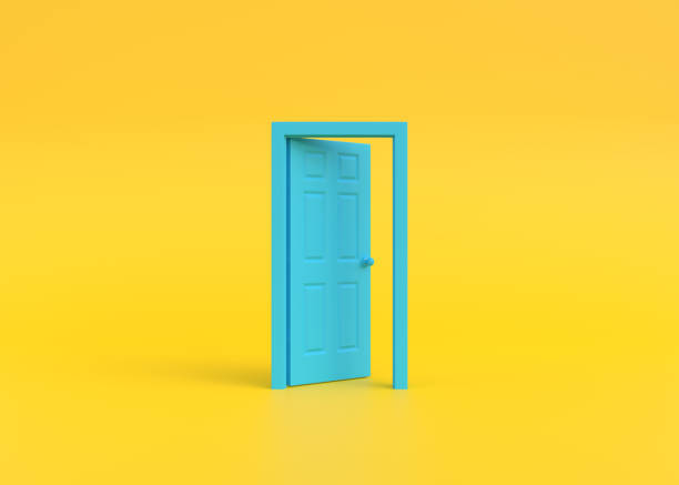 Open blue door in a room with a yellow background Open blue door in a room with a yellow background. Architectural design element. Minimal creative concept. 3d rendering 3d illustration doorway stock pictures, royalty-free photos & images