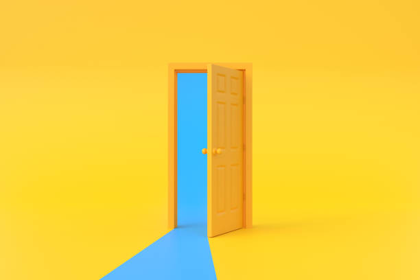 istock Blue light going through the opening door in yellow background room 1443629759