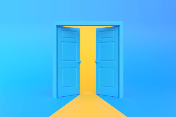istock Yellow light going through the opening doors in blue background room 1443630414