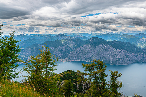 Panoramic view of Lake Garda seen from Mount Baldo, Italy