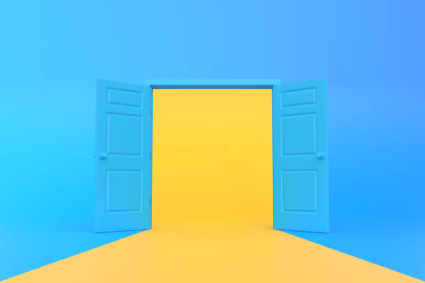 istock Yellow light going through the opening doors in blue background room 1443630714