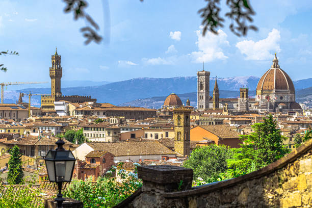 Panoramic rooftop view of the medieval famous city of Florence, Italy stock photo